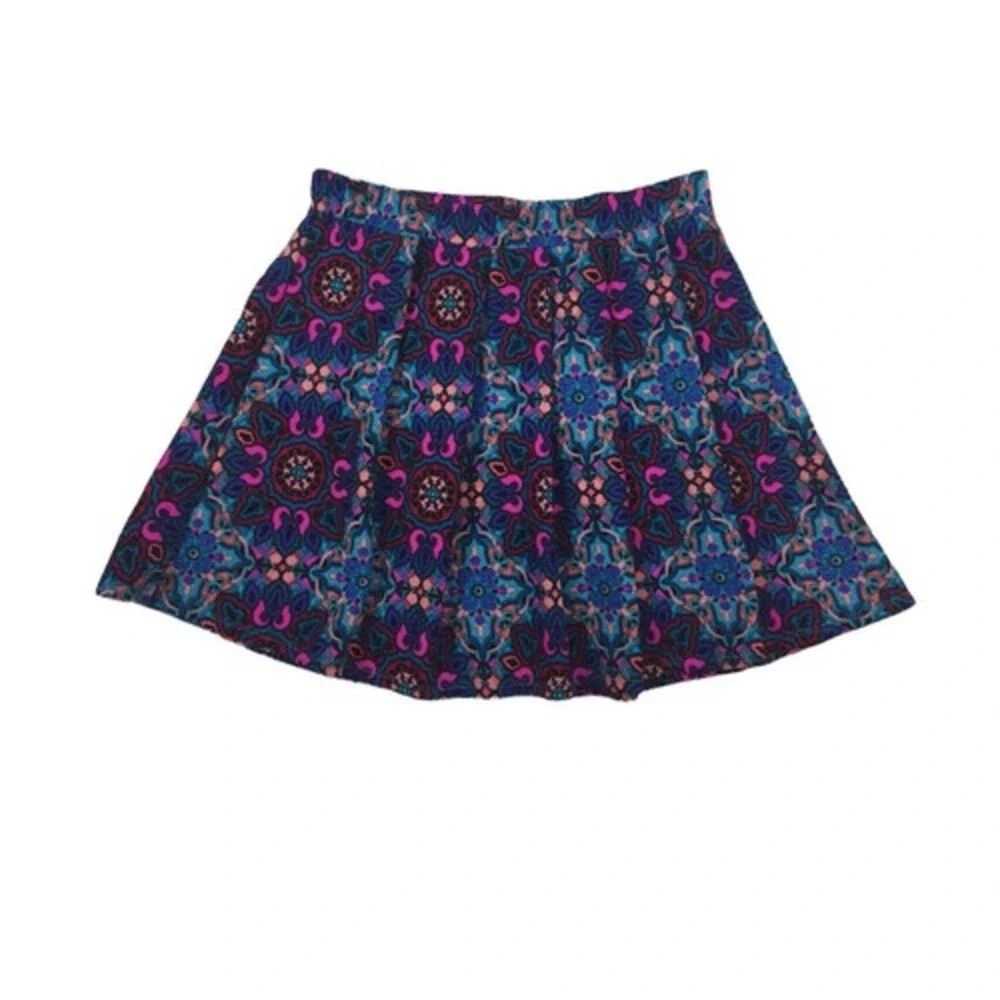 Alya‎ Blue Multi Color Ikat Print Pleated Skater Skirt Size Medium